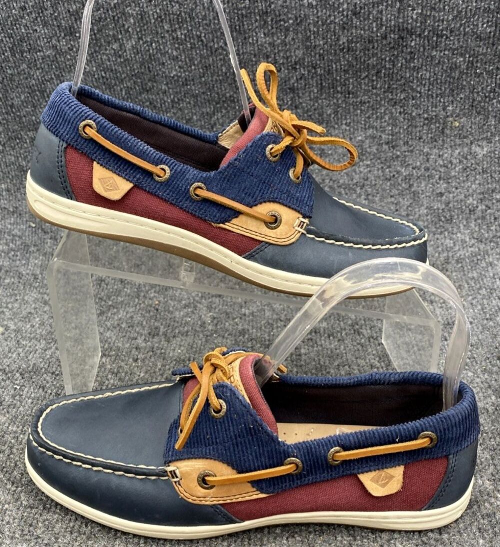 Sperry Top-Sider Womens Size 7 Navy Burgundy Corduroy Leather Boat Shoes STS8407